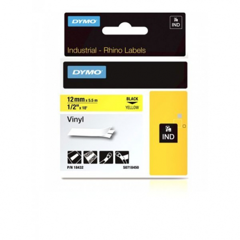 DYMO - TAŚMA WINYLOWA Z TRWAŁYM KLEJEM CZARNA NA ŻÓŁTYM 12MM x 5,5MB  RHINO - 18432