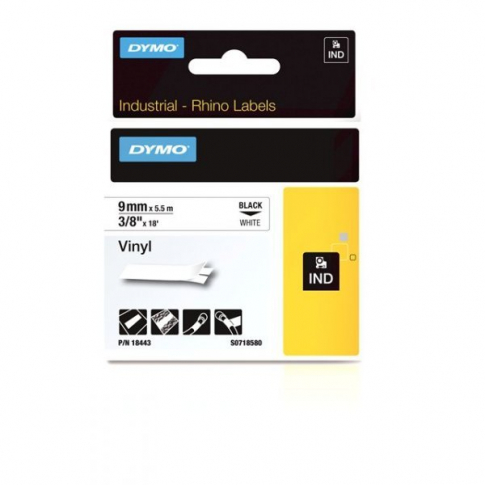 DYMO - TAŚMA WINYLOWA Z TRWAŁYM KLEJEM CZARNA NA BIAŁYM 9MM x 5,5MB  RHINO - 18443
