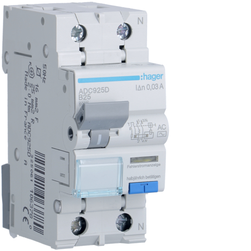 HAGER - WYŁĄCZNIK RÓŻNICOWY Z CZŁONEM NADPRĄDOWYM B 25A/30MA 2 BIEGUNY TYP AC RCBO - ADC925D