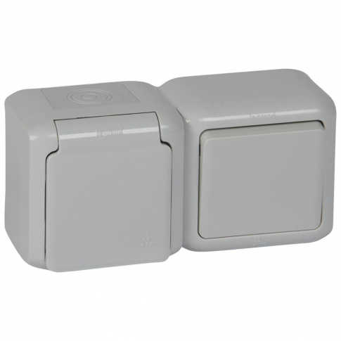 LEGRAND - ŁĄCZNIK SCHODOWY 10 AX + GNIAZDO POJEDYNCZE Z UZIEMIENIEM 16A - 250 V SZARE FORIX IP44 - 782396