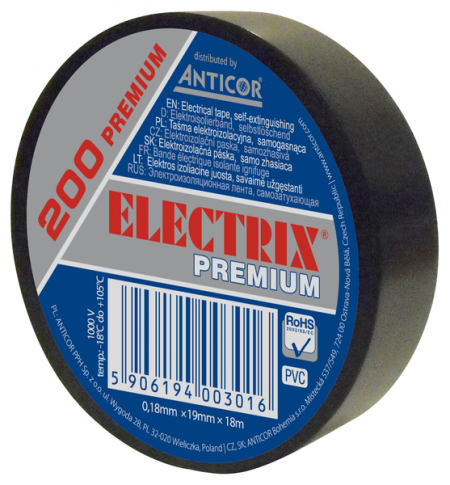 ANTICOR - TAŚMA ELEKTROIZOLACYJNA PREMIUM 19X18 CZARNY ELECTRIX 200 - PE-200P181-0019018