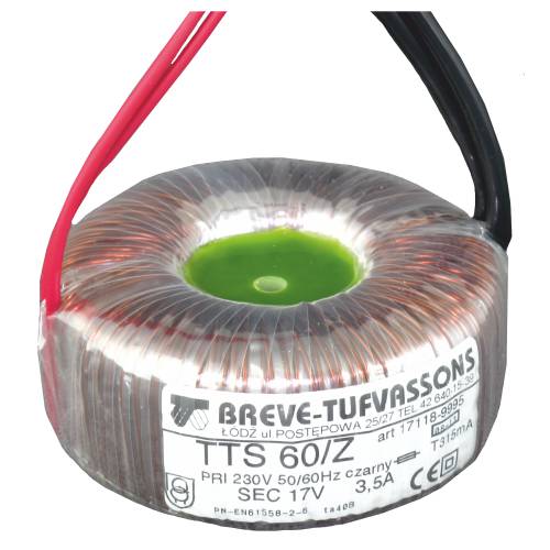 BREVE - TRANSFORMATOR JEDNOFAZOWY TOROIDALNY IP00 TTS 60/Z 230/ 24V DO OGÓLNEGO STOSOWANIA - 17124-9990