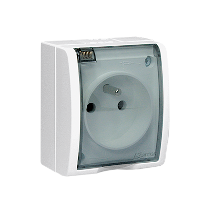KONTAKT SIMON - GNIAZDO POJEDYNCZE Z UZIEMIENIEM 2P+Z Z KLAPKĄ DYMNA ZACISKI ŚRUBOWE 16A 250V IP54 BIAŁY AQUARIUS - AQGZ1/11A