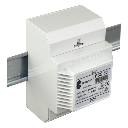 BREVE - TRANSFORMATOR JEDNOFAZOWY IP30 NA SZYNĘ TH35 W OBUDOWIE MODUŁOWEJ Z ZABEZPIECZENIEM PSS 50VA 230/ 24V - 16024-9994