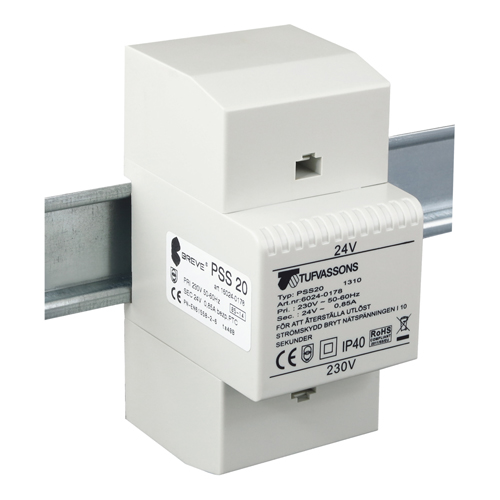 BREVE - TRANSFORMATOR JEDNOFAZOWY IP30 NA SZYNĘ TH35 W OBUDOWIE MODUŁOWEJ Z ZABEZPIECZENIEM PSS 20VA 230/ 24V - 16024-0178