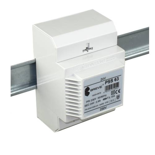 BREVE - TRANSFORMATOR JEDNOFAZOWY IP30 NA SZYNĘ TH35 W OBUDOWIE MODUŁOWEJ Z ZABEZPIECZENIEM PSS 60VA 230/ 24V - 16024-9938