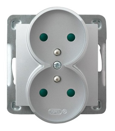 OSPEL - GNIAZDO PODWÓJNE Z UZIEMIENIEM 2X2P+Z Z PRZESŁONAMI ZACISKI ŚRUBOWE 16A 250V IP20 SREBRNY IMPRESJA - GP-2YRZP/m/18