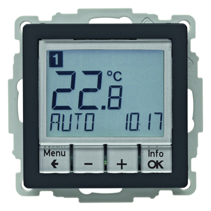 HAGER - REGULATOR TEMPERATURY ZE STEROWNIKIEM CZASOWYM STYKIEM ZMIENNYM I ELEMENTEM CENTRALNYM ANTRACYT AKSAMIT Q.1/Q.3  - 20446086