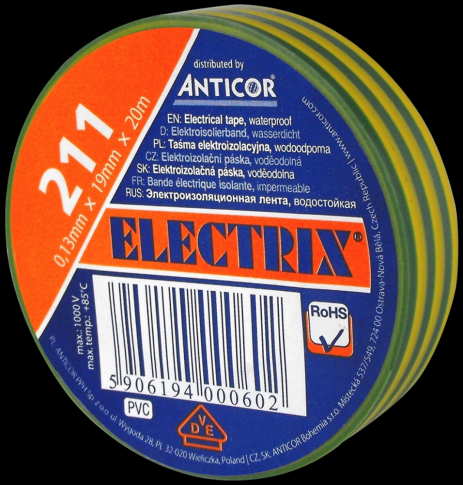 ANTICOR - TAŚMA ELEKTROIZOLACYJNA 19X20 ŻÓŁTO-ZIELONA ELECTRIX 211 - PE-2112000-0019020