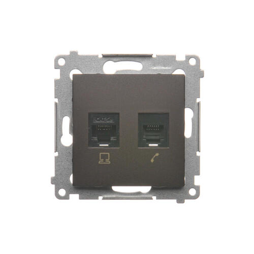 KONTAKT SIMON - Gniazdo komputerowe RJ45 kategoria 5e + telefoniczne RJ12 (moduł); brąz mat - D5T.01/46