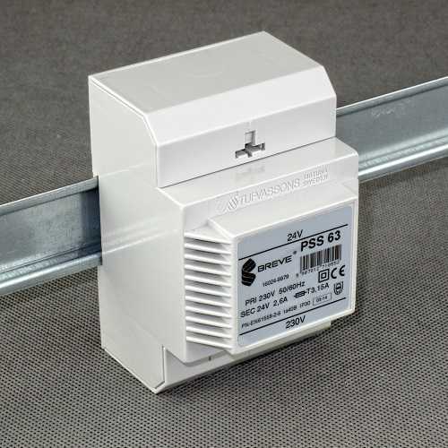 BREVE - TRANSFORMATOR JEDNOFAZOWY IP30 NA SZYNĘ TH35 W OBUDOWIE MODUŁOWEJ Z ZABEZPIECZENIEM PSS 63VA 400/ 24V - 16024-9972