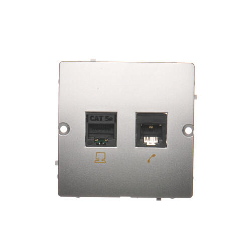KONTAKT SIMON - Gniazdo komputerowe RJ45 kat.5e + telefoniczne RJ11 (moduł). Montaż gniazda na wkręty do puszki; srebrny mat - BMF5T.02/43