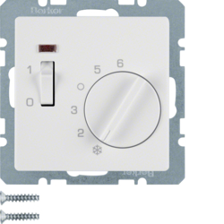 HAGER - REGULATOR TEMPERATURY POMIESZCZENIA 24 V ZE STYKIEM ZWIERNYM ELEMENTEM CENTRALNYM ŁĄCZNIKIEM I DIODĄ BIAŁY AKSAMIT Q.1  - 20316089