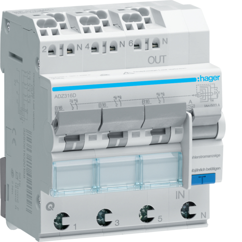 HAGER - WYŁĄCZNIK RÓŻNICOWY RCBO 3 - 3 X 1P+N 6KA B-16A 30MA A QC/QBB. - ADZ316D