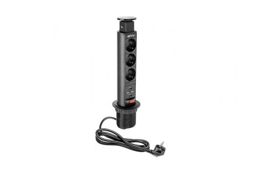 GTV - BIURKOWY PRZEDŁUŻACZ WPUSZCZANY 60MM, 3X SCHUKO, 2XUSB 2,1A 5V (CZARNY). - AE-BPW3S60U-20