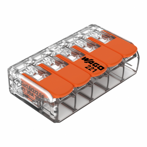 WAGO - SZYBKOZŁĄCZKA 5X0,5-6MM2 Z DZWIGNIAMI UNIWERSALNA COMPACT TRANSPARENTNA WAGO - 221-615