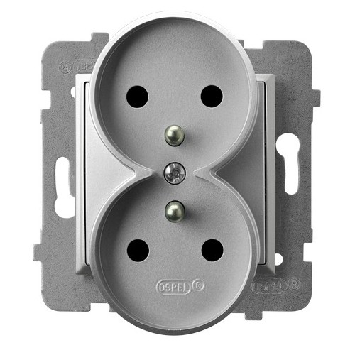 OSPEL - GNIAZDO PODWÓJNE Z UZIEMIENIEM 2X2P+Z ZACISKI ŚRUBOWE 16A 250V IP20 SREBRNY ARIA - GP-2URZ/m/18