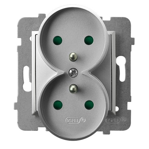 OSPEL - GNIAZDO PODWÓJNE Z UZIEMIENIEM 2X2P+Z Z PRZESŁONAMI ZACISKI ŚRUBOWE 16A 250V IP20 SREBRNY ARIA - GP-2URZP/m/18