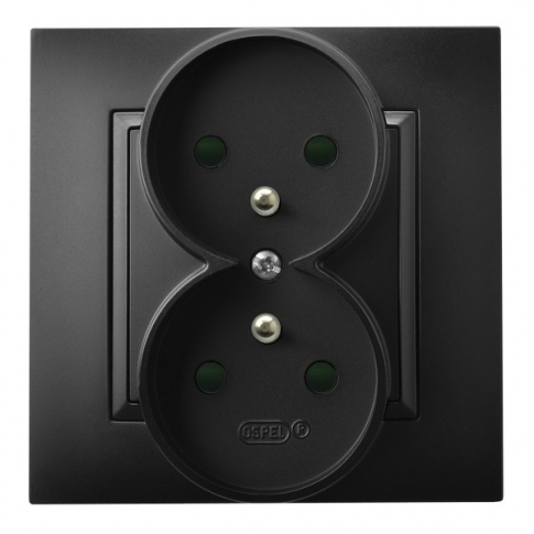 OSPEL - GNIAZDO PODWÓJNE Z UZIEMIENIEM 2X2P+Z Z PRZESŁONAMI ZACISKI ŚRUBOWE KOMPLETNE 16A 250V IP20 ECZARNY METALIK ARIA - GP-2UZP/33