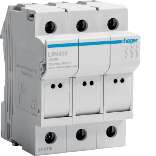 HAGER - MODUŁ PODSTAWOWY BEZPIECZNIKA 3P L38 10X38MM 32A 690V - LSN503