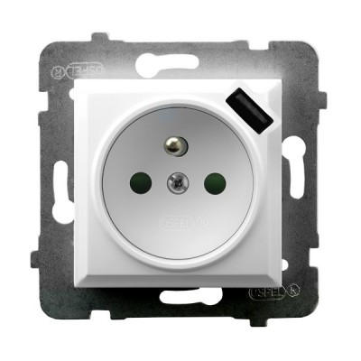 OSPEL - GNIAZDO POJEDYNCZE Z UZIEMIENIEM 2P+Z  ZACISKI AUTOMATYCZNE Z ŁADOWARKĄ USB 16A/230 USB 5V/2.1A IP20 BIAŁY ARIA - GP-1UZPUSB/m/00