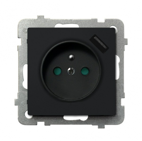 OSPEL - GNIAZDO POJEDYNCZE 2P+Z Z UZIEMIENIEM Z ŁADOWARKĄ USB 5V/2.1A  CZARNY METALIK SONATA - GP-1RZPUSB/m/33