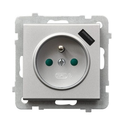 OSPEL - GNIAZDO POJEDYNCZE 2P+Z Z UZIEMIENIEM Z ŁADOWARKĄ USB 5V/2.1A SREBRO MAT SONATA - GP-1RZPUSB/m/38