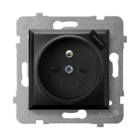 OSPEL - GNIAZDO POJEDYNCZE Z UZIEMIENIEM 2P+Z Z PRZESŁONAMI ZACISKI AUTOMATYCZNE Z ŁADOWARKĄ USB 16A/230 USB 5V/2.1A IP20 CZARNY METALIK ARIA - GP-1UZPUSB/m/33