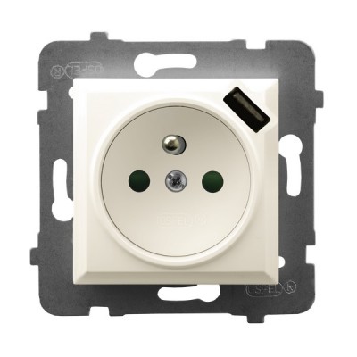 OSPEL - GNIAZDO POJEDYNCZE Z UZIEMIENIEM 2P+Z Z PRZESŁONAMI ZACISKI AUTOMATYCZNE Z ŁADOWARKĄ USB 16A/230 USB 5V/2.1A IP20 ECRU ARIA - GP-1UZPUSB/m/27