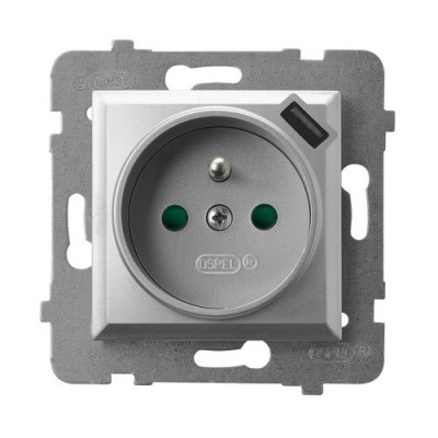 OSPEL - GNIAZDO POJEDYNCZE Z UZIEMIENIEM 2P+Z Z PRZESŁONAMI ZACISKI AUTOMATYCZNE Z ŁADOWARKĄ USB 16A/230 USB 5V/2.1A IP20 SREBRNY ARIA - GP-1UZPUSB/m/18