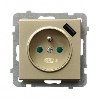 OSPEL - GNIAZDO POJEDYNCZE 2P+Z Z UZIEMIENIEM Z ŁADOWARKĄ USB 5V/2.1A  SZAMPAŃSKI ZŁOTY SONATA - GP-1RZPUSB/m/39