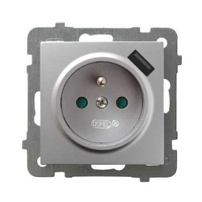 OSPEL - GNIAZDO POJEDYNCZE Z UZIEMIENIEM 2P+Z Z PRZESŁONAMI ZACISKI AUTOMATYCZNE Z ŁADOWARKĄ USB 16A/230 USB 5V/2.1A IP20 SREBRNY AS - GP-1GZPUSB/m/18