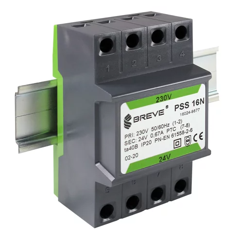 BREVE - TRANSFORMATOR JEDNOFAZOWY IP30 NA SZYNĘ TH35 W OBUDOWIE MODUŁOWEJ Z ZABEZPIECZENIEM PSS 16N 230/ 24V - 16024-9877
