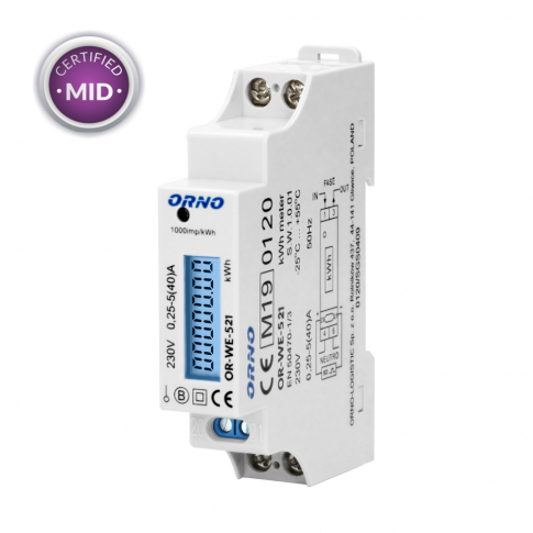 ORNO - 1-fazowy licznik energii elektrycznej, 40A, MID, wyjście impulsowe, podświetlenie, 1 moduł, DIN TH-35mm - OR-WE-521