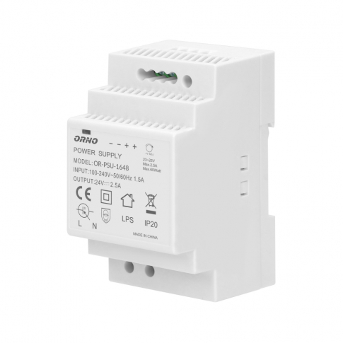 ORNO - Zasilacz na szynę DIN 24VDC, 2,5A, 60W, szerokość 3 moduły - OR-PSU-1648