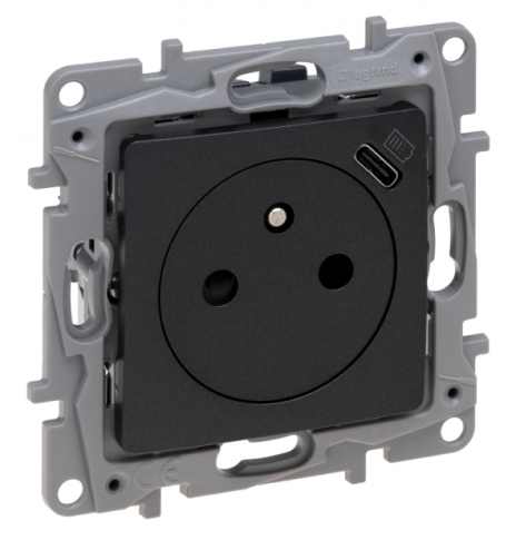 LEGRAND - GNIAZDO POJEDYNCZE Z UZIEMIENIEM 2P+Z PŁASKIE+USB TYP C W PLAKIETCE Z PRZESŁONAMI ZACISKI AUTOMATYCZNE 16A 250V ANTRACYT NILOE SELECTION - 762296