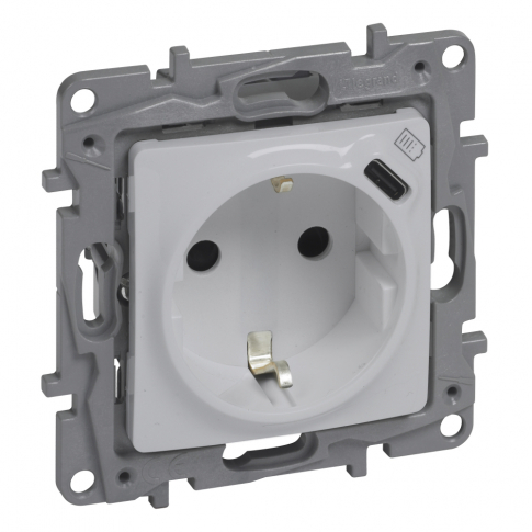 LEGRAND - GNIAZDO POJEDYNCZE Z UZIEMIENIEM 2P+Z PŁASKIE+USB TYP C W PLAKIETCE Z PRZESŁONAMI ZACISKI AUTOMATYCZNE 16A 250V PERŁOWY NILOE SELECTION - 762496