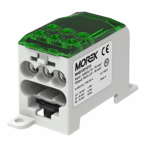 MOREK - OJL200A zielony blok dystrybucyjny - rozdzielczy we. 1xAl/Cu70 wyj.  6xCu 16mm2 1000VAC/DC - MAB1201G10