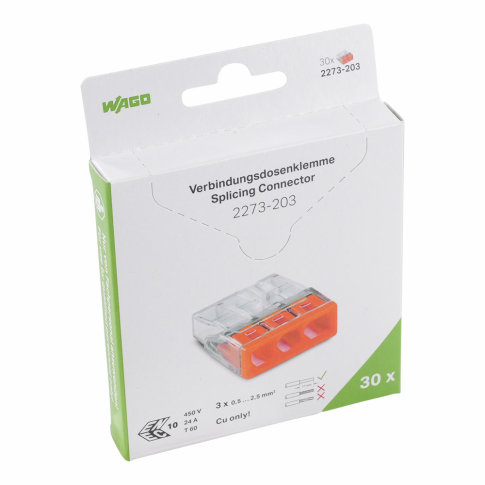 WAGO - ZŁĄCZKA 3X0,5-2,5 MM2 PRZEZROCZYSTA (1 BLISTR = 30 SZT) WAGO - 2273-203/995-030