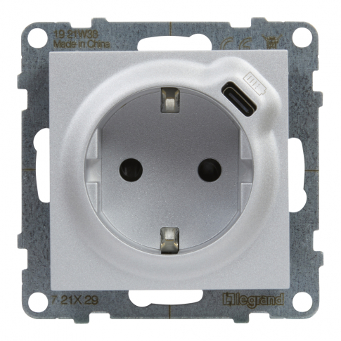 LEGRAND - GNIAZDO SCHUKO 2P+Z - 16 A - 250 V~ - + USB TYP C - 1,5 A - 5 V ALUMINIUM SUNO - 721329