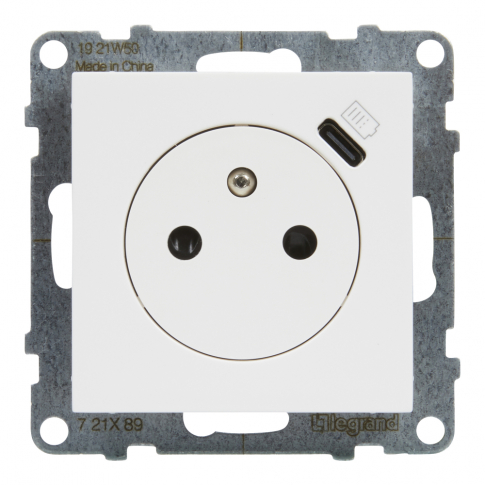 LEGRAND - GNIAZDO POJEDYNCZE PLASKIE 2P+Z 16 A Z PRZESŁONAMI Z ŁADOWARKĄ USB TYP C 1,5V ZACISKI AUTOMATYCZNE BIAŁY SUNO - 721189