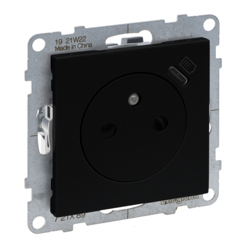 LEGRAND - GNIAZDO POJEDYNCZE PŁASKIE 2P+Z 16 A Z PRZESŁONAMI Z ŁADOWARKĄ USB TYP C 1,5 A ZACISKI AUTOAMTYCZNE CZARNY SUNO - 721489