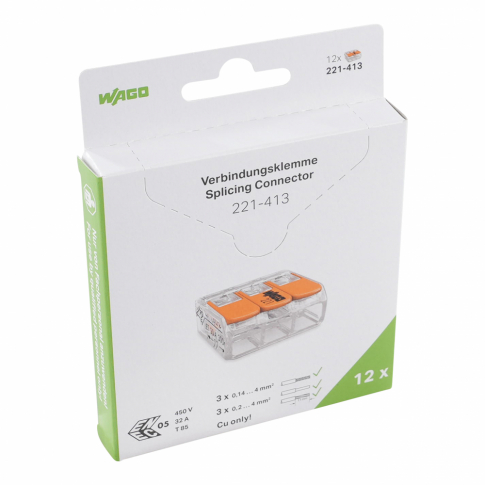 WAGO - SZYBKOZŁĄCZKA 3X0,2-4MM2 Z DZWIGNIAMI UNIWERSALNA COMPACT TRANSPARENTNA WAGO /BLISTER 12 SZT/  - 221-413/995-012