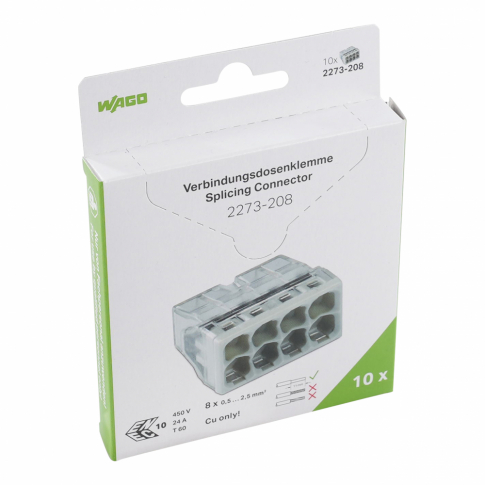 WAGO - SZYBKOZŁĄCZKA 8X0,5-2,5MM2 COMPACT TRANSPARENTNA WAGO  BLISTER 10 SZTUK  - 2273-208/995-010