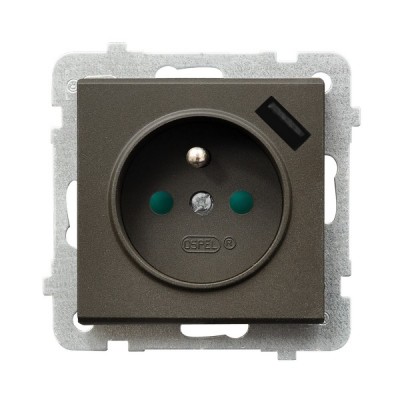 OSPEL - GNIAZDO POJEDYNCZE 2P+Z Z UZIEMIENIEM Z ŁADOWARKĄ USB 5V/2.1A  CZEKOLADOWY METALIK SONATA - GP-1RZPUSB/m/40