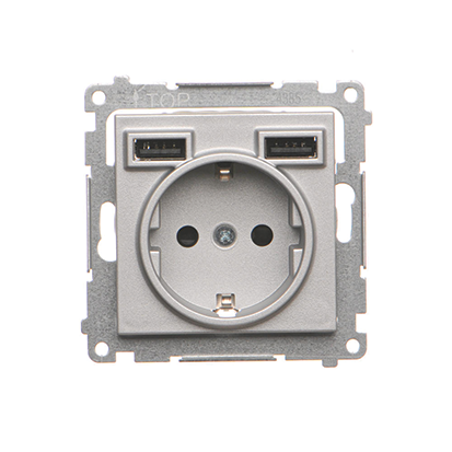 KONTAKT SIMON - Gniazdo schuko ze zintegrowaną ładowarką 2xUSB A (moduł); Aluminium mat Simon 55 - TGSZ1ZUSB2AA.01/143