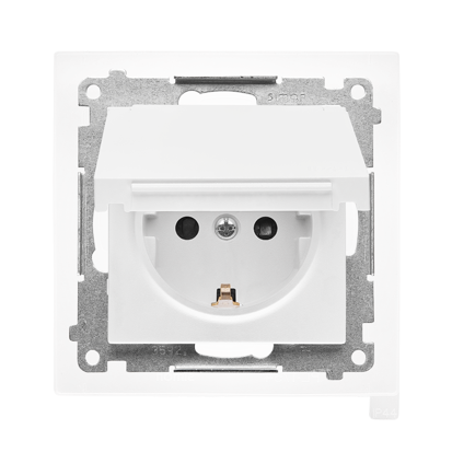 KONTAKT SIMON - Gniazdo Schuko do wersji IP44 z przesłonami z uszczelką ramki (moduł) 16 A, 250 V~, szybkozłącza. Klapka w kolorze pokrywy; Biały mat Simon 55 - TGSZ1BCZ.01/111