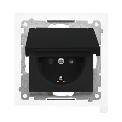 KONTAKT SIMON - Gniazdo Schuko do wersji IP44 z przesłonami z uszczelką ramki (moduł) 16 A, 250 V~, szybkozłącza. Klapka w kolorze pokrywy; Czarny mat Simon 55 - TGSZ1BCZ.01/149