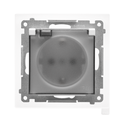 KONTAKT SIMON - Gniazdo Schuko do wersji IP44 z przesłonami z uszczelką ramki (moduł) 16 A, 250 V~, szybkozłącza. Klapka transparentna; Biały mat Simon 55 - TGSZ1BCZ.01/111A
