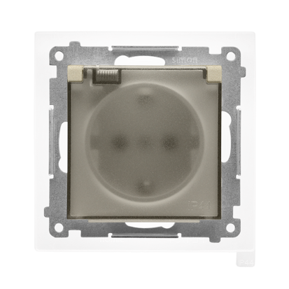 KONTAKT SIMON - Gniazdo Schuko do wersji IP44 z przesłonami z uszczelką ramki (moduł) 16 A, 250 V~, szybkozłącza. Klapka transparentna; Szampański mat Simon 55 - TGSZ1BCZ.01/144A